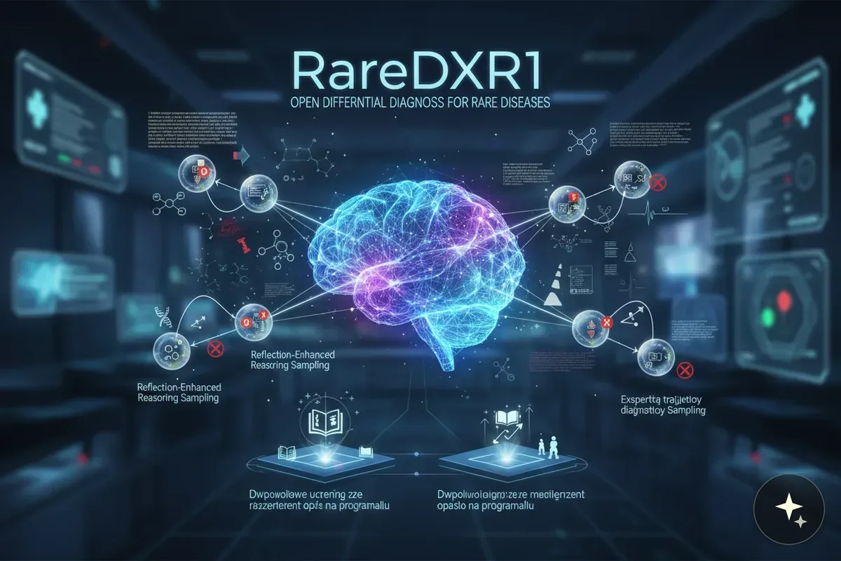 Mózg otoczony schematem z danymi, napis RareDXR1 i Open Differential Diagnosis for Rare Diseases