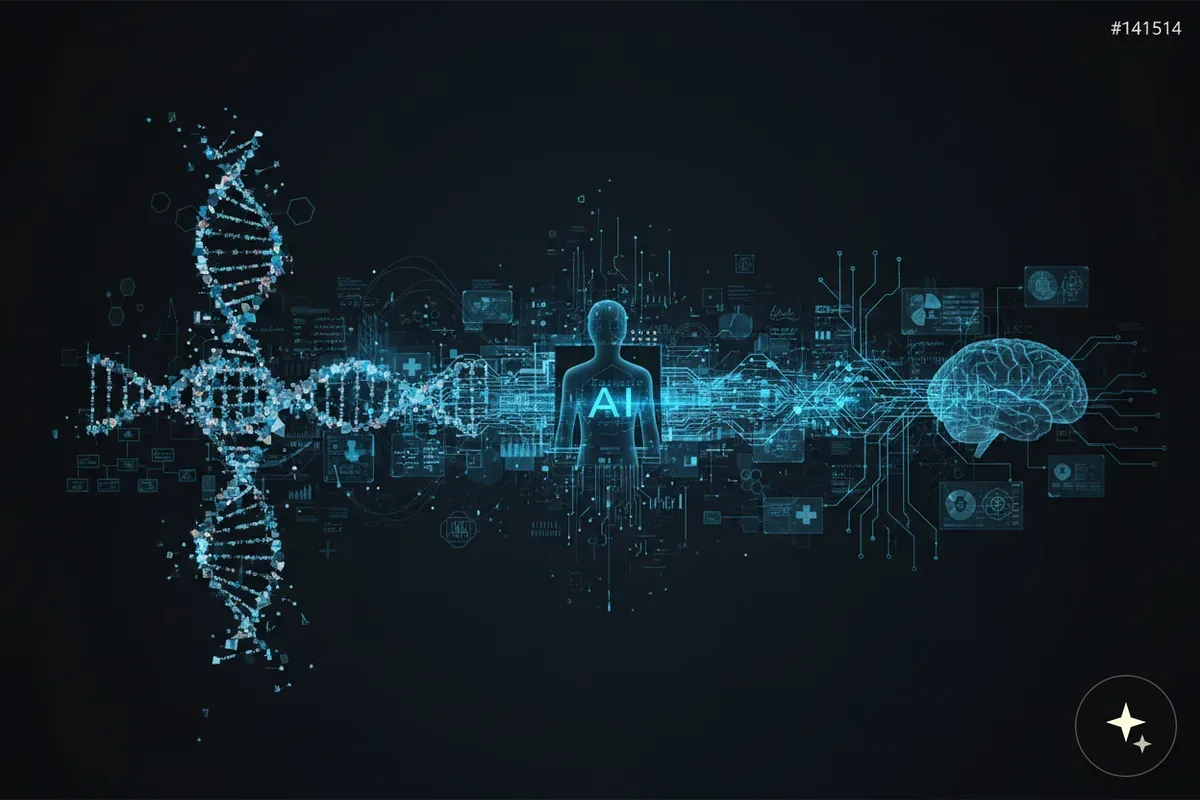 Niebieskie, świecące struktury DNA, sylwetka człowieka z napisem AI i mózg, połączone obwodami i danymi