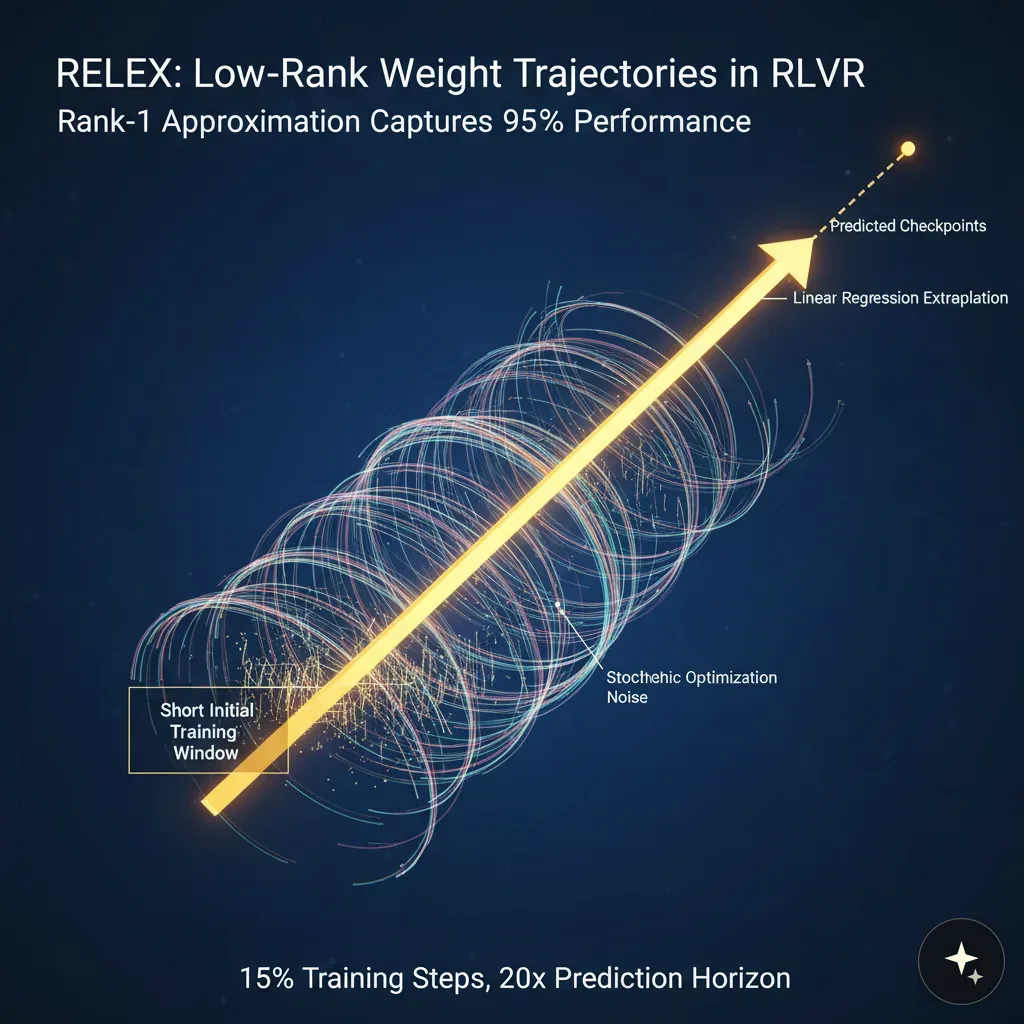 Diagram z żółtą strzałką i wirującymi liniami, ilustrujący trajektorie wag w RLVR