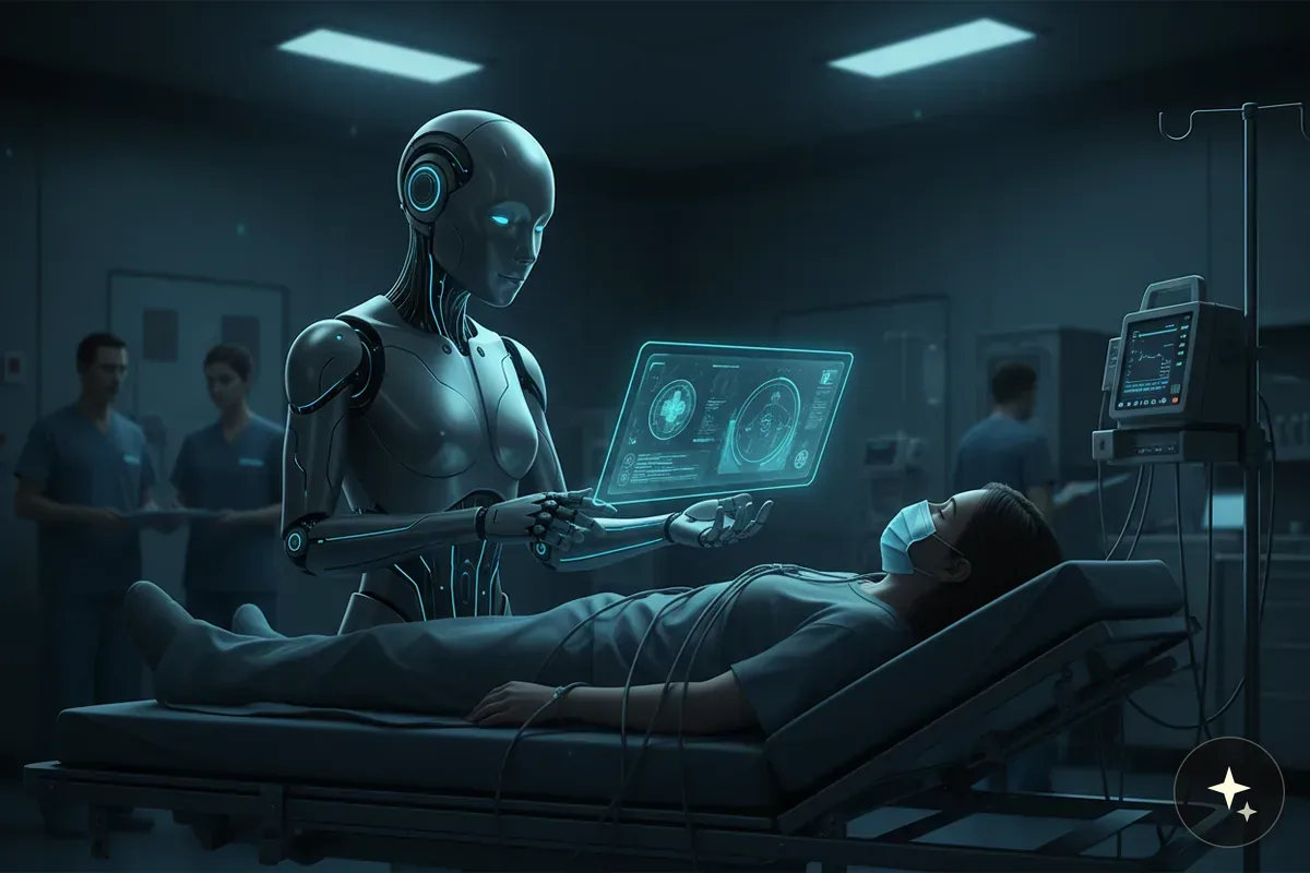 Robot medyczny z ekranem dotykowym nad pacjentką leżącą na łóżku szpitalnym w ciemnym pomieszczeniu