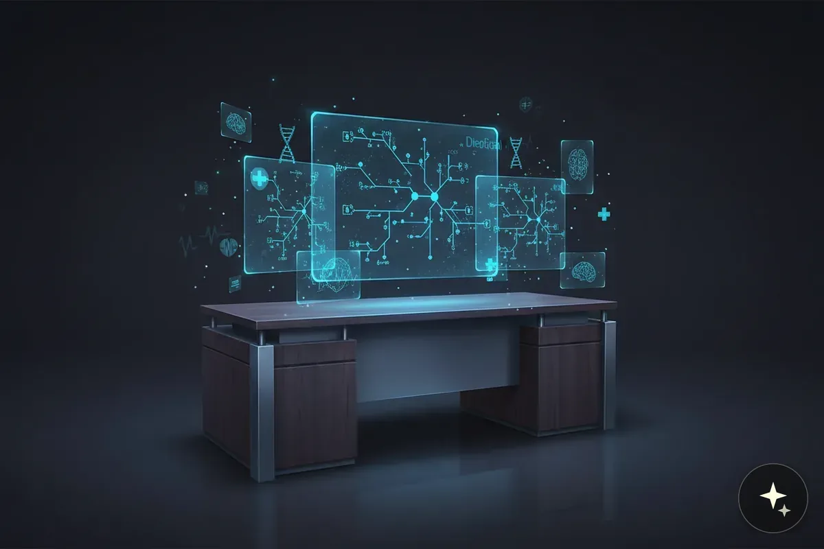 Biurko z hologramami przedstawiającymi schematy neuronowe, DNA, mózg i symbol medyczny