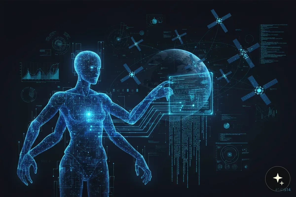 Hologram humanoidalnej postaci z wieloma ramionami, dotykającej interfejsu z kodem, obok Ziemi i satelitów