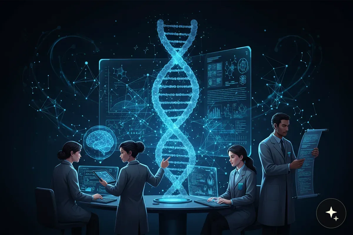 Cztery osoby w laboratorium, otoczone holograficznymi ekranami z danymi i modelem DNA