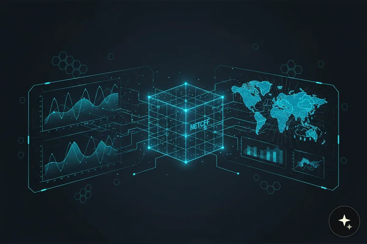 Futurystyczny interfejs z mapą świata, wykresami i sześcianem z napisem NETCFF