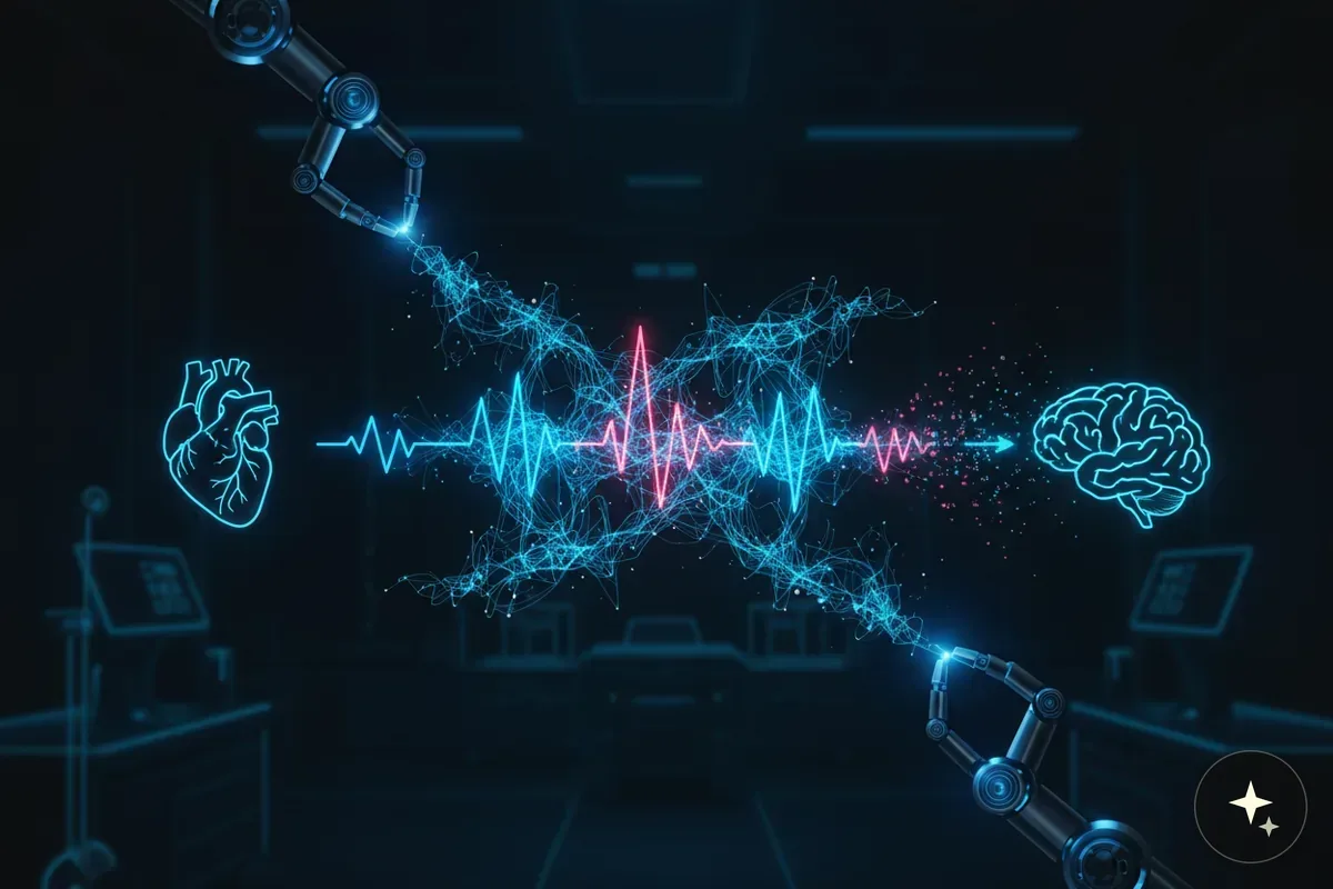 Robotyczne ramiona łączą serce i mózg linią pulsu, symbolizującą przepływ danych w medycynie cyfrowej
