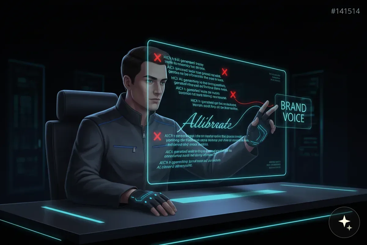Mężczyzna w czarnej kurtce dotyka palcem wirtualnego ekranu z napisem "BRAND VOICE