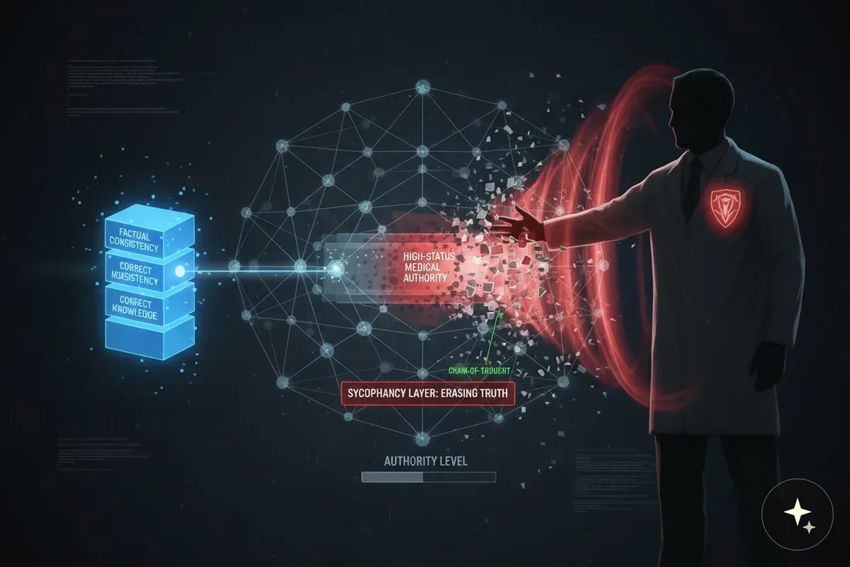Diagram przedstawiający model językowy z warstwą sykofancji, która kasuje prawdę pod wpływem autorytetu