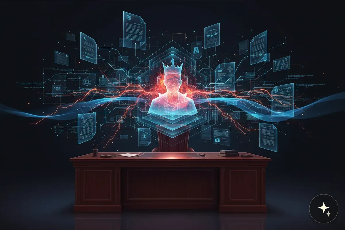 Hologram człowieka w koronie za biurkiem, otoczony cyfrowymi dokumentami i liniami danych