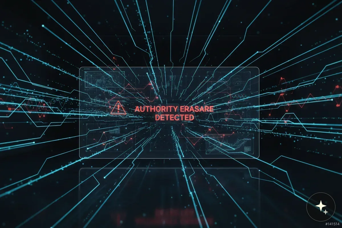 Wirtualny ekran z napisem "AUTHORITY ERASARE DETECTED" i liniami danych na czarnym tle