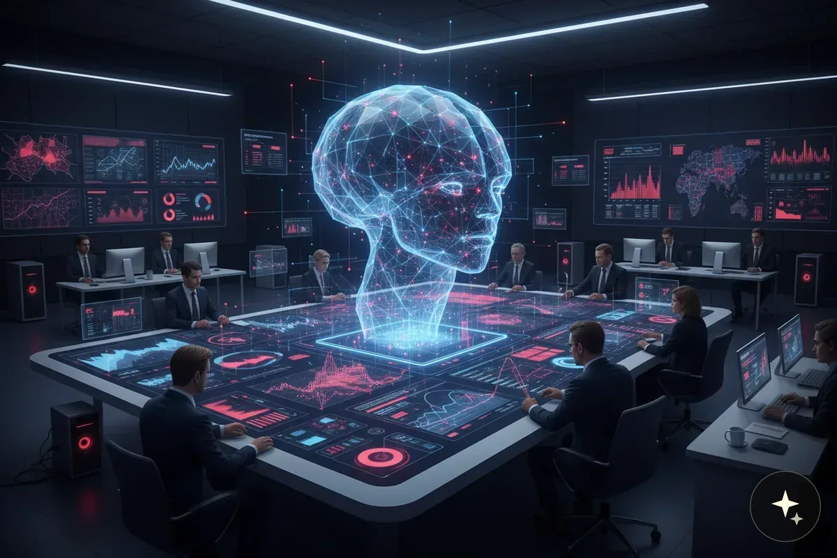 Hologram głowy AI na środku stołu, wokół którego siedzą ludzie w garniturach, na ścianach ekrany z danymi