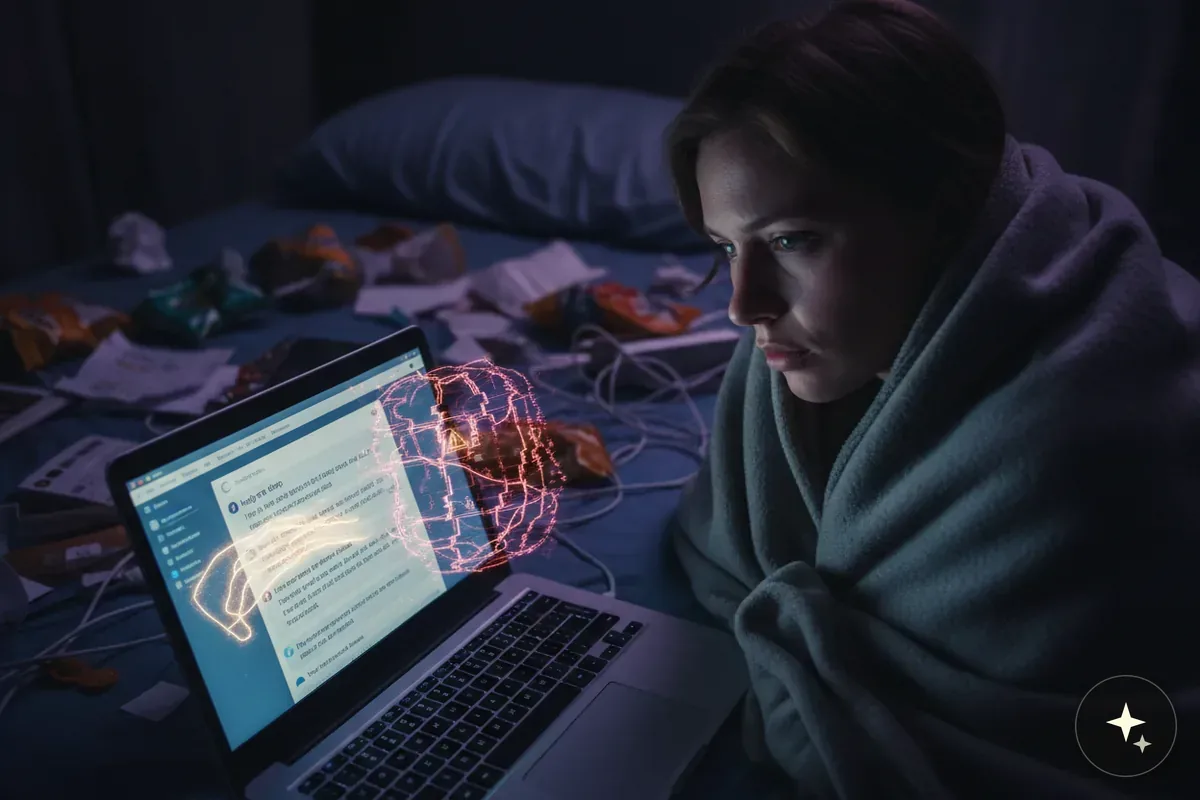 Młoda kobieta owinięta kocem patrzy na laptopa, z którego ekranu wychodzi świecąca, czerwona kula