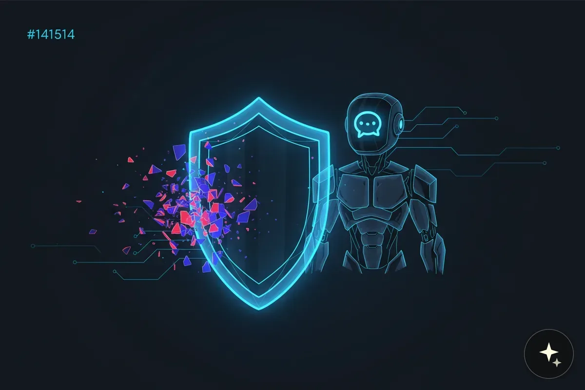 Robot z ikoną dymka czatu na głowie, obok niebieska tarcza rozpadająca się na czerwono-niebieskie fragmenty