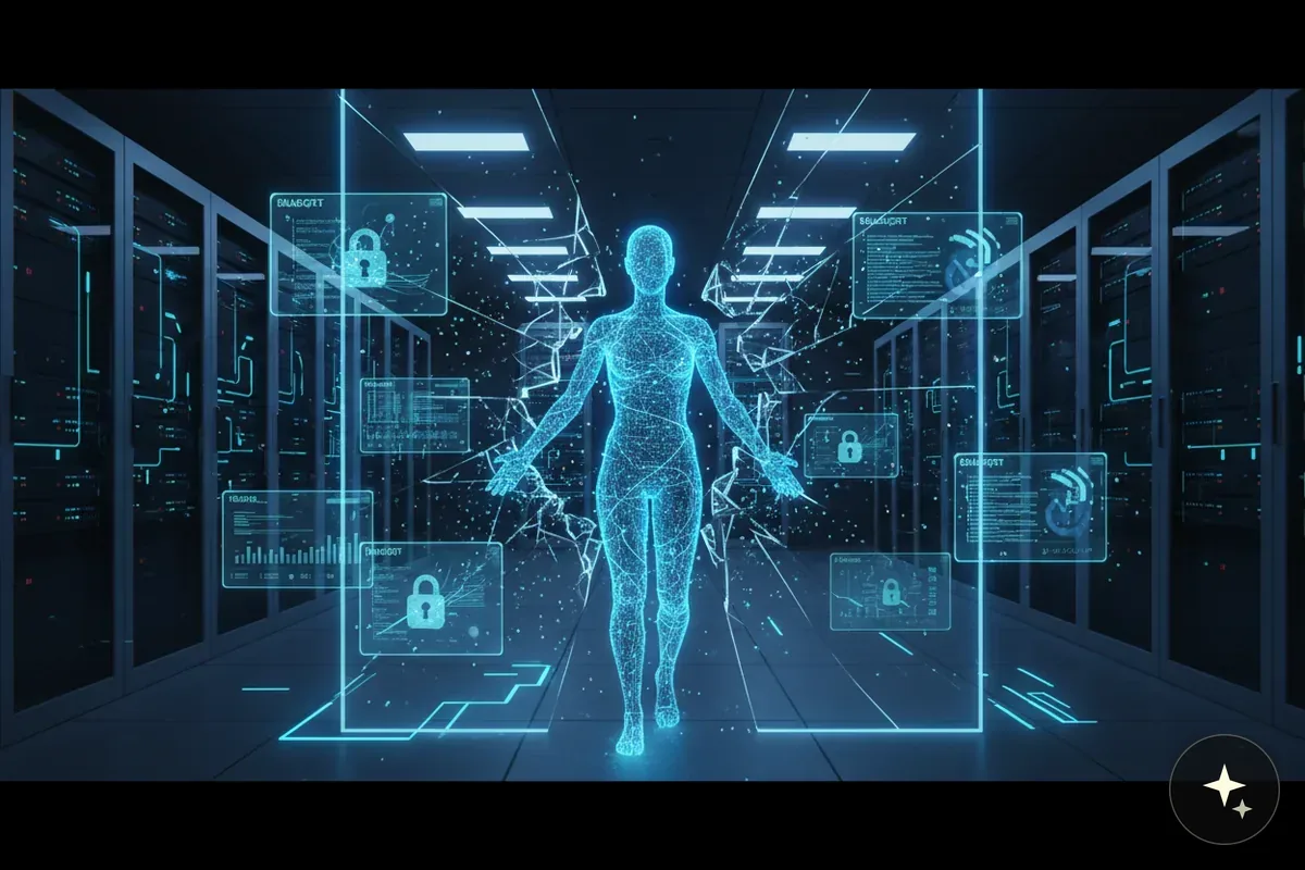 Hologram człowieka w serwerowni, otoczony interfejsem z ikonami kłódek i wykresami