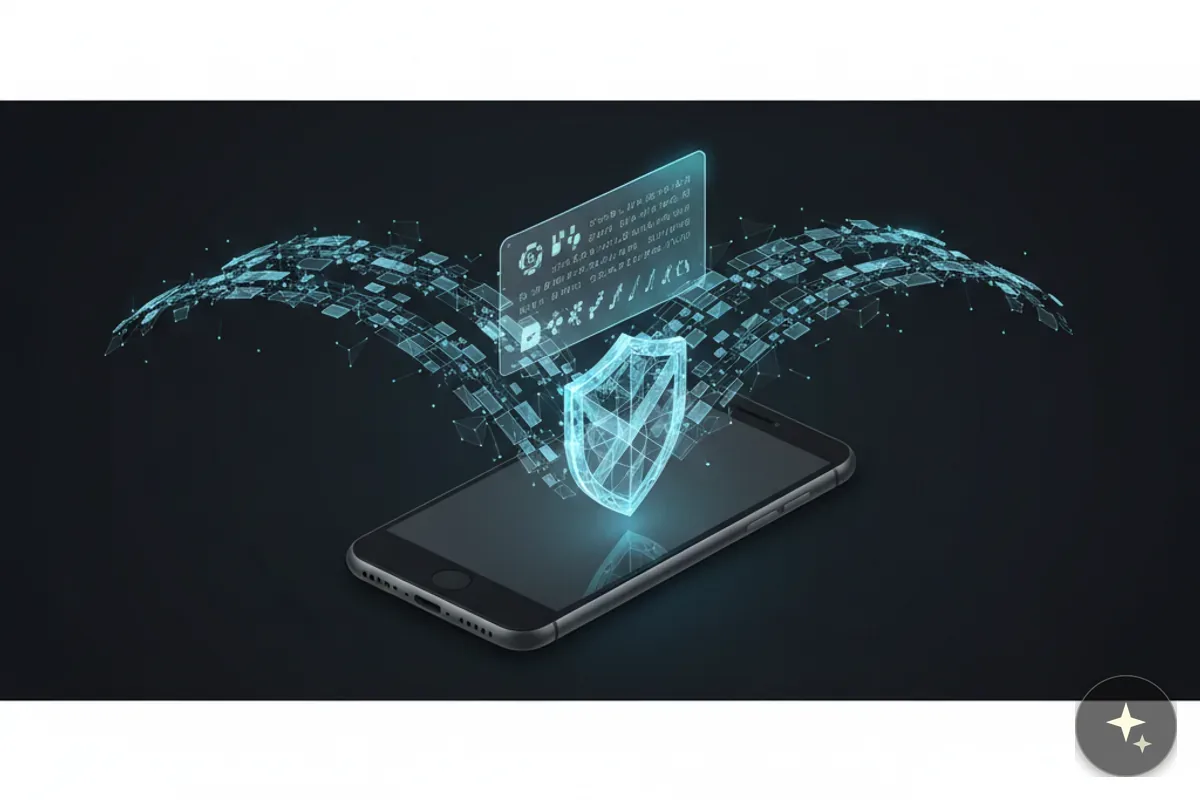 Smartfon z hologramem tarczy i interfejsu użytkownika, otoczony cyfrowymi elementami na ciemnym tle