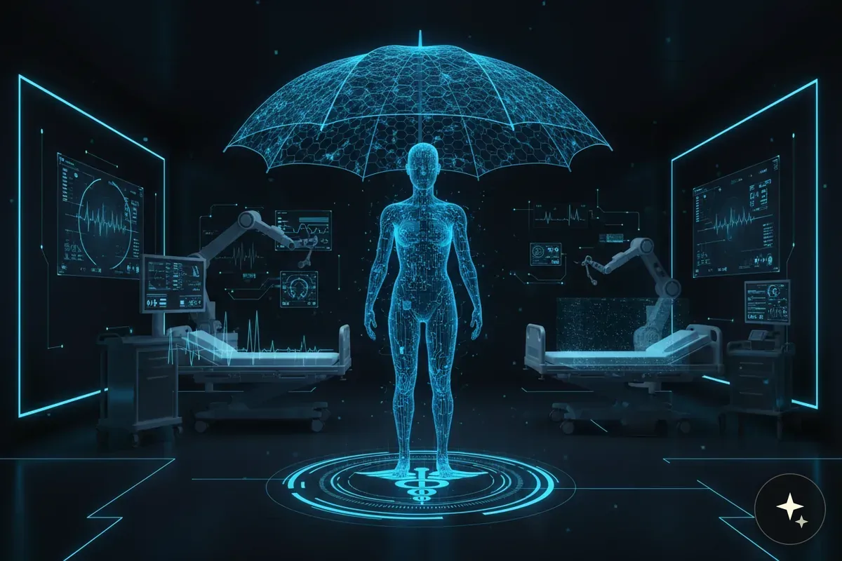 Hologram ludzkiej sylwetki pod parasolem, otoczony futurystycznym sprzętem medycznym i interfejsami