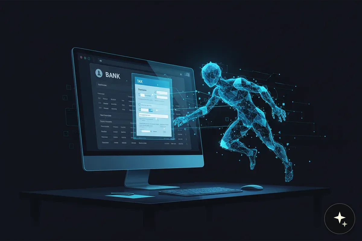 Monitor komputera z otwartą aplikacją bankową i formularzem podatkowym, obok biegnąca postać z siatki 3D