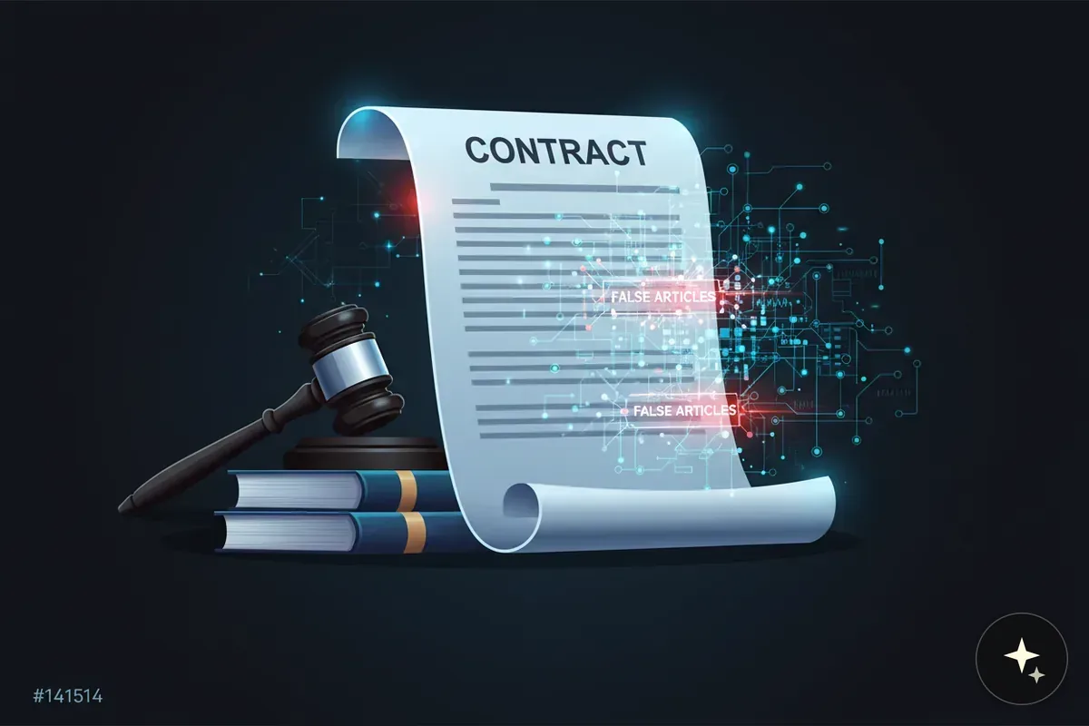 Młotek sędziowski na książkach, obok dokument z napisem "CONTRACT" i cyfrową siecią z "FALSE ARTICLES