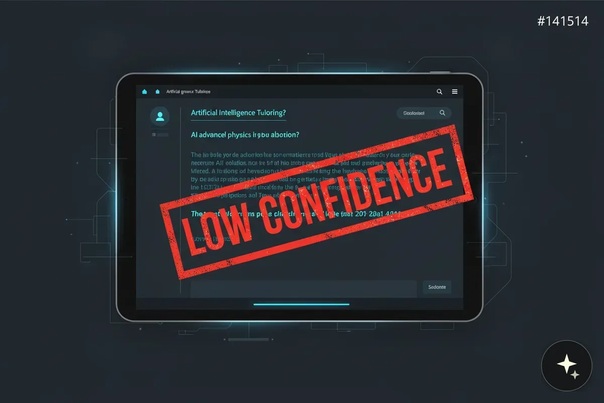 Tablet z otwartą aplikacją do nauki AI, na ekranie czerwony stempel "LOW CONFIDENCE