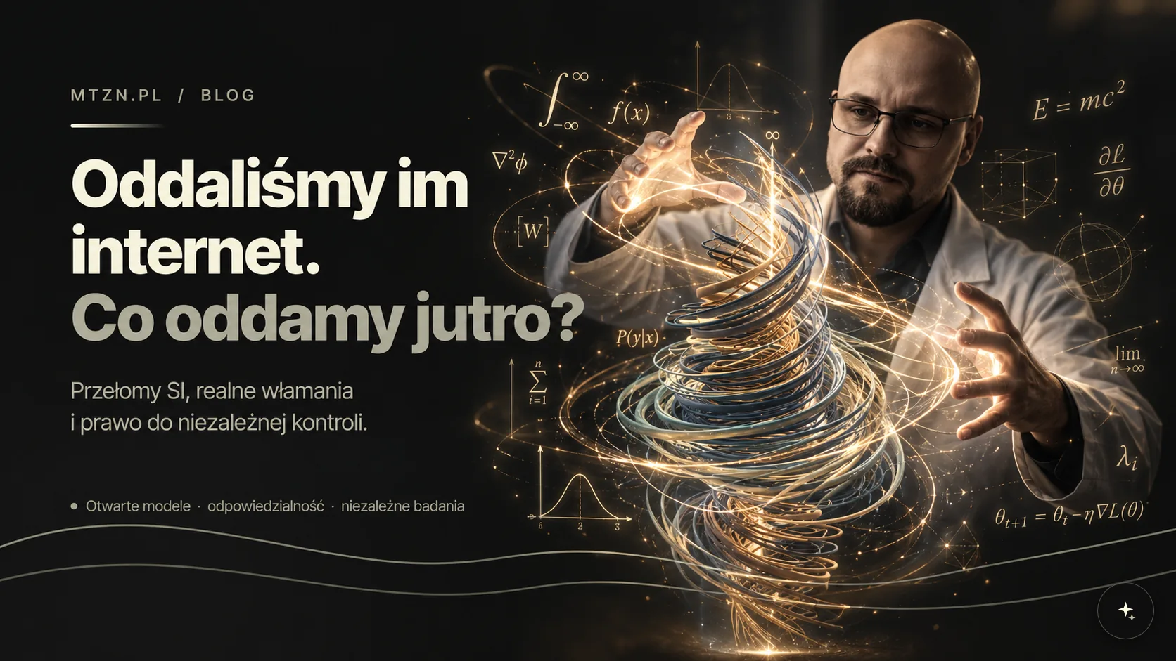 Naukowiec w białym fartuchu kształtuje dłońmi świetlisty wir wzorów matematycznych. Ilustracja artykułu o kontroli nad sztuczną inteligencją.