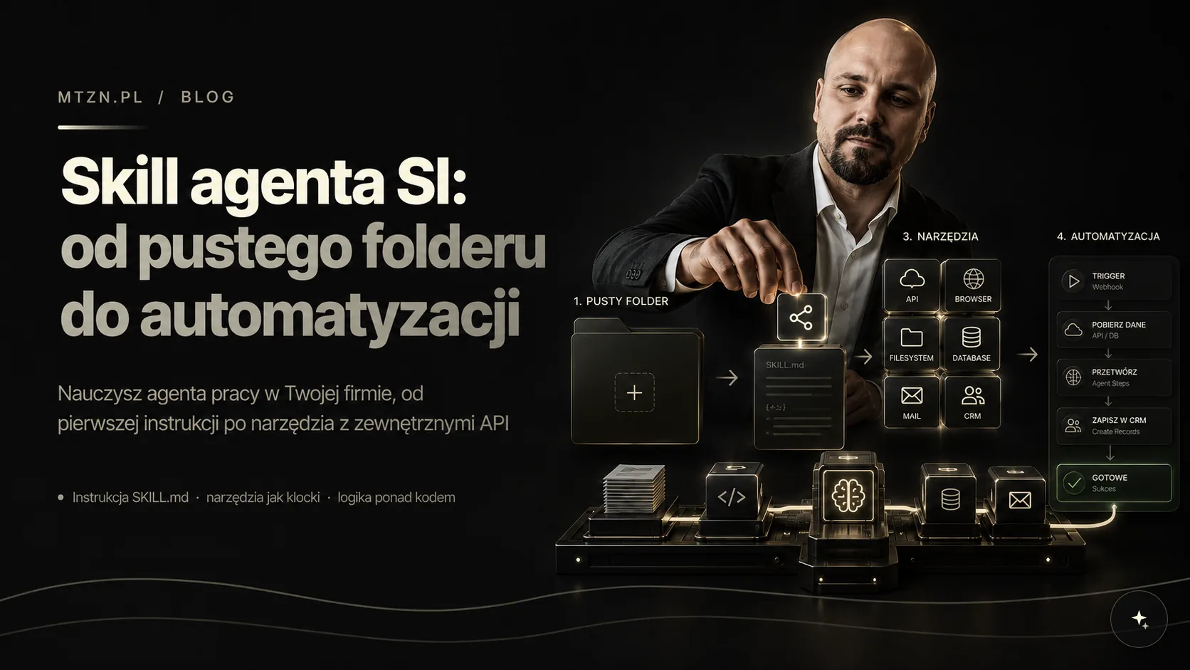 Hero: dłoń układa świecący kafelek nad kartą SKILL.md, obok kafle narzędzi i tor automatyzacji, w rogu znacznik SI